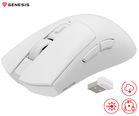 GENESIS ZIRCON 880 brezžična miška, gaming / pisarniška, 12.000DPI, USB 2.4GHz / Bluetooth / USB Type-C, 6 gumbov, Kailh Optical stikala, baterija, spomin, programska oprema, stekleni drsniki, bela