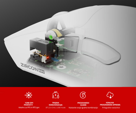 GENESIS ZIRCON 880 brezžična miška, gaming / pisarniška, 12.000DPI, USB 2.4GHz / Bluetooth / USB Type-C, 6 gumbov, Kailh Optical stikala, baterija, spomin, programska oprema, stekleni drsniki, bela