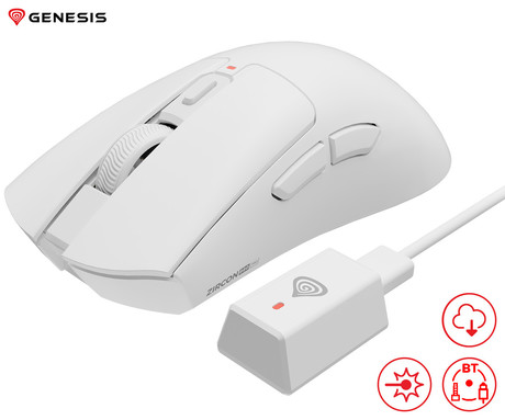 GENESIS ZIRCON 880 PRO brezžična gaming miška, 8K, 30.000DPI, USB 2.4GHz / Bluetooth / USB Type-C, 6 gumbov, Kailh Optical stikala, polnilna baterija, spomin, programska oprema, stekleni drsniki, bela