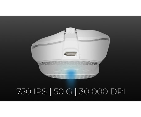 GENESIS ZIRCON 880 PRO brezžična gaming miška, 8K, 30.000DPI, USB 2.4GHz / Bluetooth / USB Type-C, 6 gumbov, Kailh Optical stikala, polnilna baterija, spomin, programska oprema, stekleni drsniki, bela