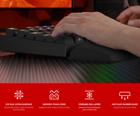 GENESIS RUBID 600 podloga za zapestje, gaming / pisarniška / ergonomska, 440x88mm, Memory Foam spominska pena, Ice Silk Lycra tekstil, Cooling Gel plast, zaščiteni robovi, protizdrsna, črna