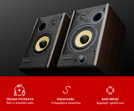 GENESIS ARSEN 402BT računalniški zvočniki, STEREO 2.0, 60W RMS, Bluetooth 5.3, 3.5" woofer + 0.75" tweeter, BassReflex funkcija, gumbi za upravljanje, RCA/Chinch, MDF les, rjavi (Natural Brown)