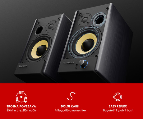 GENESIS ARSEN 502BT računalniški zvočniki, STEREO 2.0, 60W RMS, Bluetooth 5.3, 4" woofer + 0.75" tweeter, BassReflex funkcija, gumbi za upravljanje, RCA/Chinch, MDF les, črni (Classic Black)