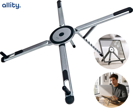 ALLITY ABA-302 stojalo za prenosnik / tablični računalnik / telefon, do 15.6", univerzalno / MagSafe, nastavljiv naklon, protizdrsni elementi, X zložljiva oblika, +torbica za shranjevanje, sivo-črno