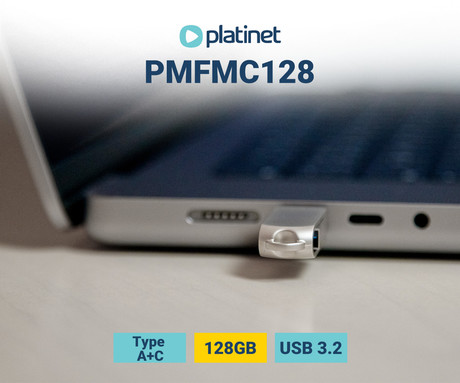 PLATINET PMFMC128 prenosni USB ključ, 128GB, USB Type-C, USB Type-A, USB 3.2, vodoodporen, do 100 MB/s, siv