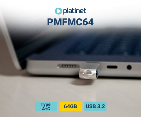 PLATINET PMFMC64 prenosni USB ključ, 64GB, USB Type-C, USB Type-A, USB 3.2, vodoodporen, do 100 MB/s, siv