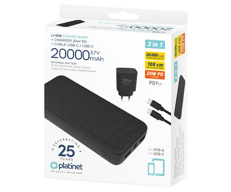 Platinet PMPB20SET 3v1 komplet powerbank polnilna baterija, +adapter 20W, +kabel 100cm, 20.000mAh, Power Delivery, 2x USB Type-A, 1x USB Type-C, 1x microUSB, LED indikatorji, črn