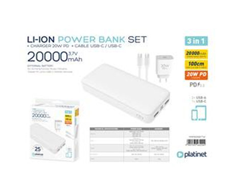 Platinet PMPB20SET 3v1 komplet powerbank polnilna baterija, adapter 20W, kabel 100cm, bel