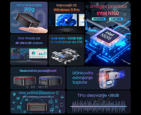 Blackview MP60 namizni mini računalnik, Windows 11 PRO, Intel N150, 16GB RAM, 512GB SSD, Dual WiFi, Bluetooth, Ethernet, 4x USB, 2x HDMI