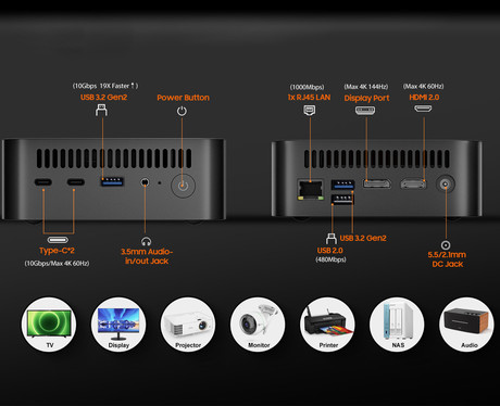 Blackview MP100 namizni mini računalnik, Windows 11 PRO, AMD Ryzen 5 7430U, AMD Radeon Graphics, 16GB RAM, 512GB SSD, WIFI 6, Bluetooth 5.2, Ethernet, 3x USB Type-A, 1x HDMI, 1x DP, 2x USB Type-C, siv