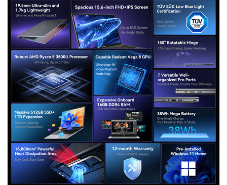 Blackview ACEBOOK 6 prenosni računalnik, 15.6" (39,6cm), 16GB RAM, 512GB SSD, Windows 11 Pro, AMD Ryzen 5 3500U, IPS FHD+, Radeon Vega8, WIFI 5, BT, 38Wh baterija, kamera, zvočniki, siv (Stellar Gray)