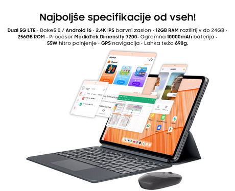 Blackview MEGA 12 tablični računalnik, 12.2", 4G LTE, 12GB+256GB, IPS QHD+, 120Hz, Android, siv (Space Gray)