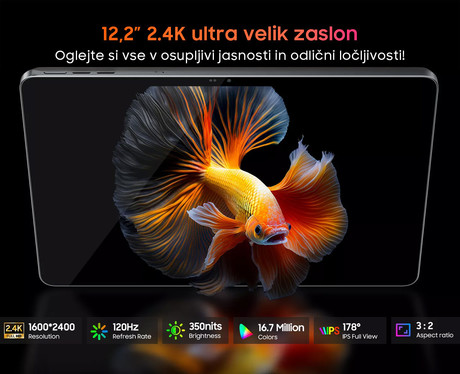 Blackview MEGA 12 tablični računalnik, 12.2", 4G LTE, 12GB+256GB, IPS QHD+, 120Hz, Android, siv (Space Gray)