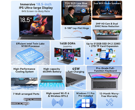 Blackview ACEBOOK 10 prenosni računalnik, 18.5" (46,99cm), 16GB RAM, 512GB SSD, Windows 11 Pro, Intel N150, IPS FHD, WiFi 6, Bluetooth, 60Wh baterija, prednja kamera, dvojni zvočniki, siv (Urban Gray)