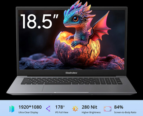Blackview ACEBOOK 10 prenosni računalnik, 18.5" (46,99cm), 16GB RAM, 512GB SSD, Windows 11 Pro, Intel N150, IPS FHD, WiFi 6, Bluetooth, 60Wh baterija, prednja kamera, dvojni zvočniki, siv (Urban Gray)