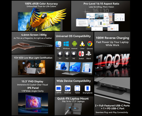 Blackview SCM8 zaslon / monitor za prenosnik, 39cm (15.3"), Full HD, 60Hz, IPS, 300nit, 100% sRGB, HDMI / USB-C, univerzalna združljivost, 180° nastavljiv kot, Quick-Fit montaža, Low Blue Light