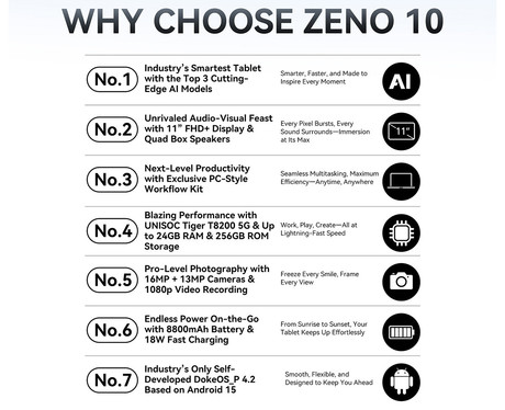 Blackview ZENO 10 tablični računalnik, 11", 3v1 AI, 5G LTE, 8GB+256GB, IPS FHD+, Android, 8800mAh, WIFI 5, Bluetooth, Dual SIM, GPS, QUAD STEREO zvočniki, +ovitek, +dodatki, črn (Shadow Black)