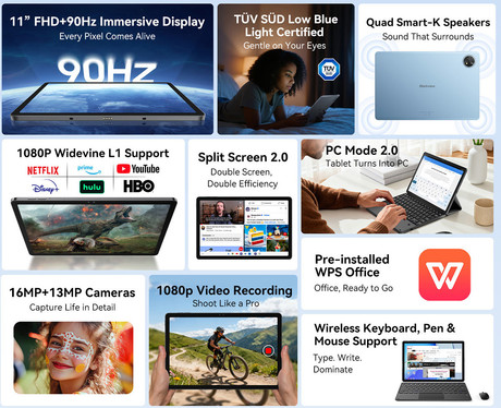 Blackview ZENO 10 tablični računalnik, 11", 3v1 AI, 5G LTE, 8GB+256GB, IPS FHD+, Android, 8800mAh, WIFI 5, Bluetooth, Dual SIM, GPS, QUAD STEREO zvočniki, +ovitek, +dodatki, moder (Ice Blue)