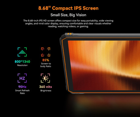 Blackview ACTIVE 5 robusten tablični računalnik, 8.68", 3v1 AI, 4G LTE, 6GB+128GB, IPS HD+, Android, 6600mAh, WIFI 5, Bluetooth, Dual SIM, GPS, stereo zvočniki, +dodatki, črno oranžen (Black Orange)