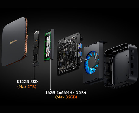 Blackview MP20 namizni mini računalnik, Windows 11 PRO, AMD Ryzen 3 3300U, 16GB RAM, 512GB SSD, WIFI 6, Bluetooth 5.2, Ethernet, 4x USB Type-A, 1x HDMI, 1x DP, 1x minijack, črn