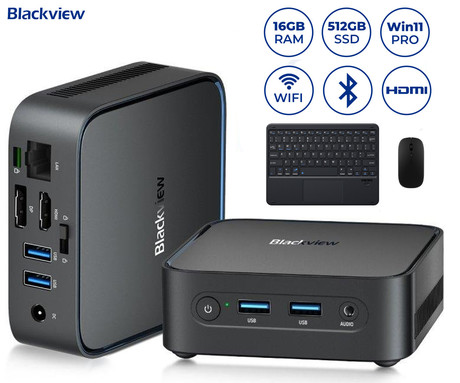 Blackview MP50 namizni mini računalnik, Windows 11 PRO, AMD Ryzen 5 3500U, AMD Radeon Graphics, 16GB RAM, 512GB SSD, WIFI 5, Bluetooth, Ethernet, 4x USB-A, 1x HDMI, 1x DP, minijack, +dodatki, črn