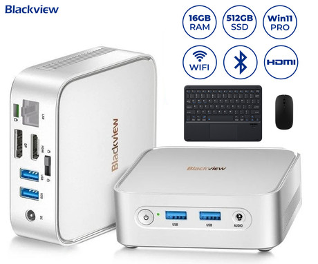 Blackview MP50 namizni mini računalnik, Windows 11 PRO, AMD Ryzen 5 3500U, AMD Radeon Graphics, 16GB RAM, 512GB SSD, WIFI 5, Bluetooth, Ethernet, 4x USB-A, 1x HDMI, 1x DP, minijack, +dodatki, srebrn