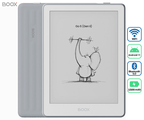 BOOX Go 6 Gen II e-bralnik / tablični računalnik, 6", 300ppi, Android, 3GB+32GB, WIFI 5, BT 5.0, 1500mAh baterija, prednja osvetlitev, mikrofon, USB Type-C, microSD, siv (Stone)