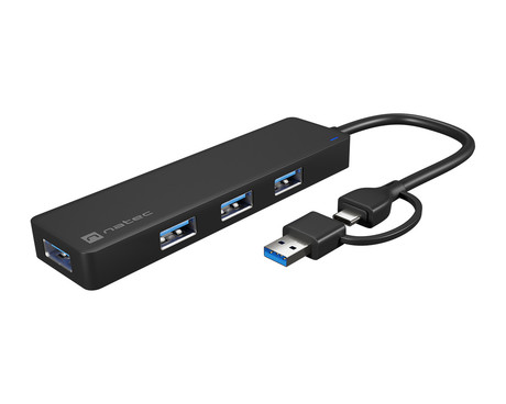Natec MAYFLY adapter USB hub, 4x USB-A 3.0, USB-C ali USB-A konektor, 5 GB/s, Plug&Play, črn