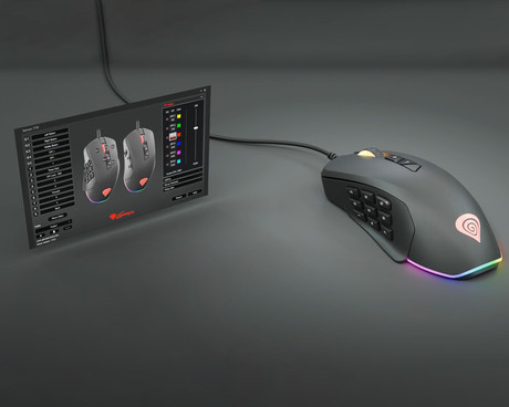 GENESIS Xenon 770 gaming optična miška, 10200DPI, RGB LED osvetlitev, 14 tipk, 2v1, zamenljiva plošča, vgrajen spomin, programska oprema, črna