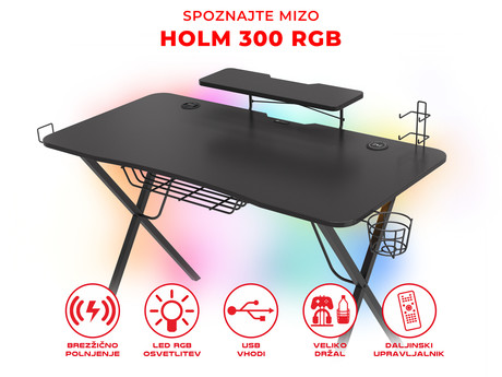Profesionalna GAMING miza GENESIS HOLM 300 RGB, LED RGB osvetlitev, vgrajen brezžični polnilec in USB 3.0 razdelilec