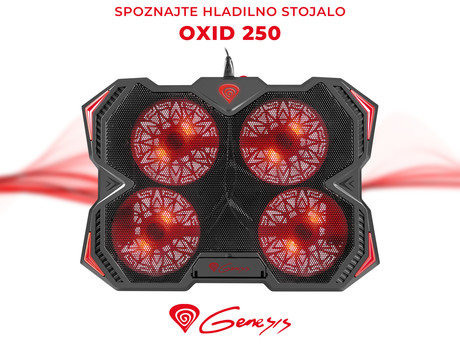 EOL - GENESIS OXID 250 hladilno stojalo / podstavek za prenosnike do 17.3'', nastavljiv kot, LED osvetlitev, 4 tihi ventilatorji