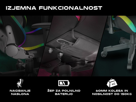 GENESIS gaming stol TRIT 500 RGB, ergonomski, RGB LED osvetlitev, popolnoma nastavljiv