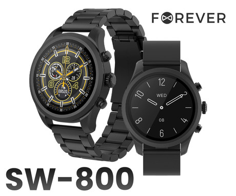 FOREVER Verfi SW-800 pametna ura, 1.3" AMOLED zaslon, Bluetooth, Android + iOS, baterija, aplikacija, IP68, merjenje aktivnosti, analiza spanca, temperatura, športni načini, črna (Carbon Black)