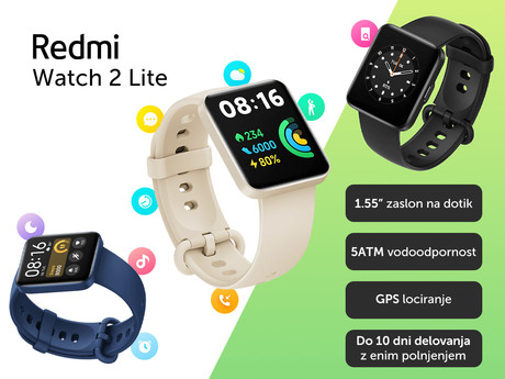 EOL - Pametna ura Xiaomi Redmi Watch 2 Lite, 1.55'' zaslon na dotik, Bluetooth 5.0, vodoodporna 5 ATM, GPS, črna (Black)