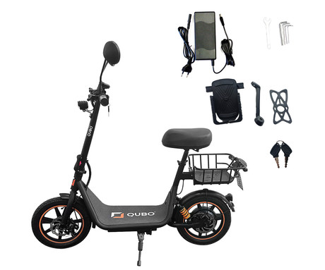 QUBO BEST 14" električni skiro, 14" gume, 500W motor, 35km doseg, 48V 10.5Ah 504Wh baterija, vzmetenje, LCD zaslon, LED osvetlitev, ogledala, košara, nosilec, disk zavore, aplikacija, črno oranžen