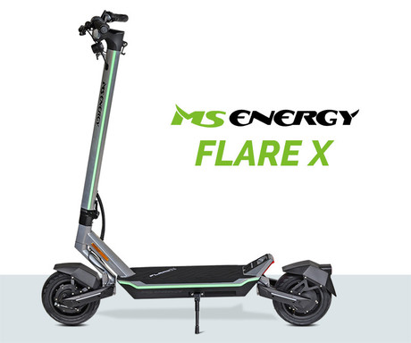 MS ENERGY FLARE X električni skiro, 10" gume, 2x 800W motor, 70km doseg, 52V 18Ah baterija, vzmetenje, sistem EBS, Smart BMS, LCD zaslon, LED osvetlitev, aplikacija, črn (Midnight Chrome)