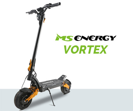 MS ENERGY VORTEX električni skiro, 10" gume, 2x 1200W motor, 70km doseg, 52V 18Ah baterija, vzmetenje, sistem EBS, Smart BMS, LCD zaslon, LED osvetlitev, aplikacija, zlato črn (Golden Eclipse)