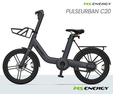 MS ENERGY PULSEURBAN c20 električno kolo, cestno / mestno, 20 x 2.125", 250W motor, 36V 9.6Ah 345Wh baterija, do 70km, mehanske disk zavore, vzmetne vilice, LED zaslon, sivo