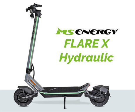 MS ENERGY FLARE X Hydraulic električni skiro, 10" gume, 2x 800W motor, 70km doseg, 936Wh 52V 18Ah baterija, vzmetenje, EBS sistem, Smart BMS, LCD zaslon, LED, aplikacija, srebrn (Midnight Chrome)