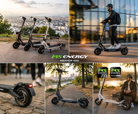 MS ENERGY MENTOR 500 električni skiro, 10" gume, 500W motor, 35km doseg, 374Wh 36V 10.4Ah baterija, dvojno C-vzmetenje, EBS sistem, Smart BMS, LCD zaslon, LED osvetlitev, aplikacija, črn