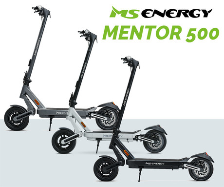 MS ENERGY MENTOR 500 električni skiro, 10" gume, 500W motor, 35km doseg, 374Wh 36V 10.4Ah baterija, dvojno C-vzmetenje, EBS sistem, Smart BMS, LCD zaslon, LED osvetlitev, aplikacija, črno bel