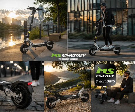MS ENERGY THRUST 300X električni skiro, 10" gume, 2x 300W motor, 60km doseg, 720Wh 48V 15Ah baterija, dvojno C-vzmetenje, EBS sistem, Smart BMS, LCD zaslon, LED osvetlitev, aplikacija, srebrno črn