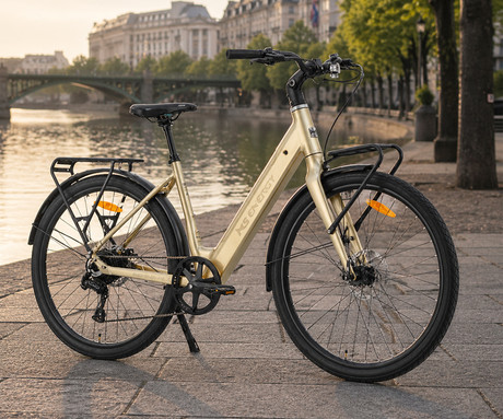 MS ENERGY ZORYA PLUS električno kolo, cestno / mestno, 28" pnevmatike, 250W ANANDA motor, 360Wh 36V 10Ah baterija, do 70km, Carbon Gates jermen, TEKTRO disk zavore, LCD zaslon, zlato (Silver Gold)