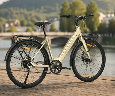 MS ENERGY ZORYA PLUS električno kolo, cestno / mestno, 28" pnevmatike, 250W ANANDA motor, 360Wh 36V 10Ah baterija, do 70km, Carbon Gates jermen, TEKTRO disk zavore, LCD zaslon, zlato (Silver Gold)