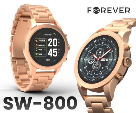 FOREVER Verfi SW-800 pametna ura, 1.3" AMOLED zaslon, Bluetooth, Android + iOS, baterija, aplikacija, IP68, merjenje aktivnosti, analiza spanca, temperatura, športni načini, roza zlata (Rose Gold)