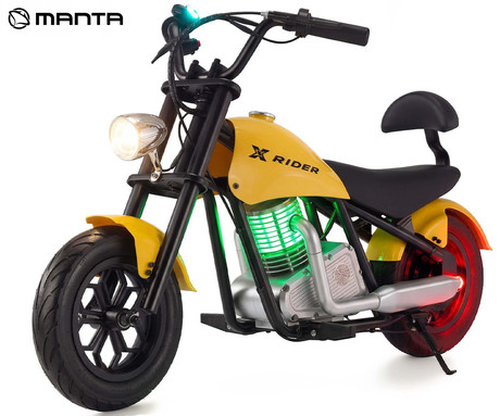 MANTA XRIDER CRUISER 12 PRO otroški električni motor, 12" gume, 200W motor, 15km doseg, 144Wh 36V 4Ah baterija, izpušna cev, bobnasta zavora, LCD zaslon, RGB LED osvetlitev, črno-rumen (Volt Yellow)