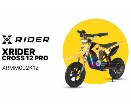 MANTA XRIDER CROSS 12 PRO otroški električni motor, 12" gume, 300W motor, 15km doseg, 144Wh 36V 4Ah baterija, vzmetenje, disk zavora, LCD zaslon, RGB LED osvetlitev, črno-rumen (Volt Yellow)