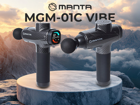 MANTA MGM-01C VIBE masažna pištola, 100W, polnilna baterija, 30 stopenj hitrosti, 12 nastavkov, indikator pritiska, LCD zaslon, torbica, črna (Carbon Black)