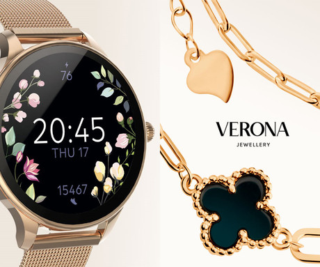 FOREVER Velora SB-306 pametna ura + zapestnica Verona, 1.19" AMOLED, BT 5.2, Android + iOS, baterija, aplikacija, spremljanje zdravja / spanca, športni načini, 2 paščka, IP68, roza zlata (Rose Gold)