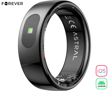 FOREVER Astral SR-100 pametni prstan, velikost 8, BT 5.2, Android + iOS, baterija, aplikacija, spremljanje zdravja / spanca, športni načini, 5ATM, + polnilna postaja, črn (Carbon Black)